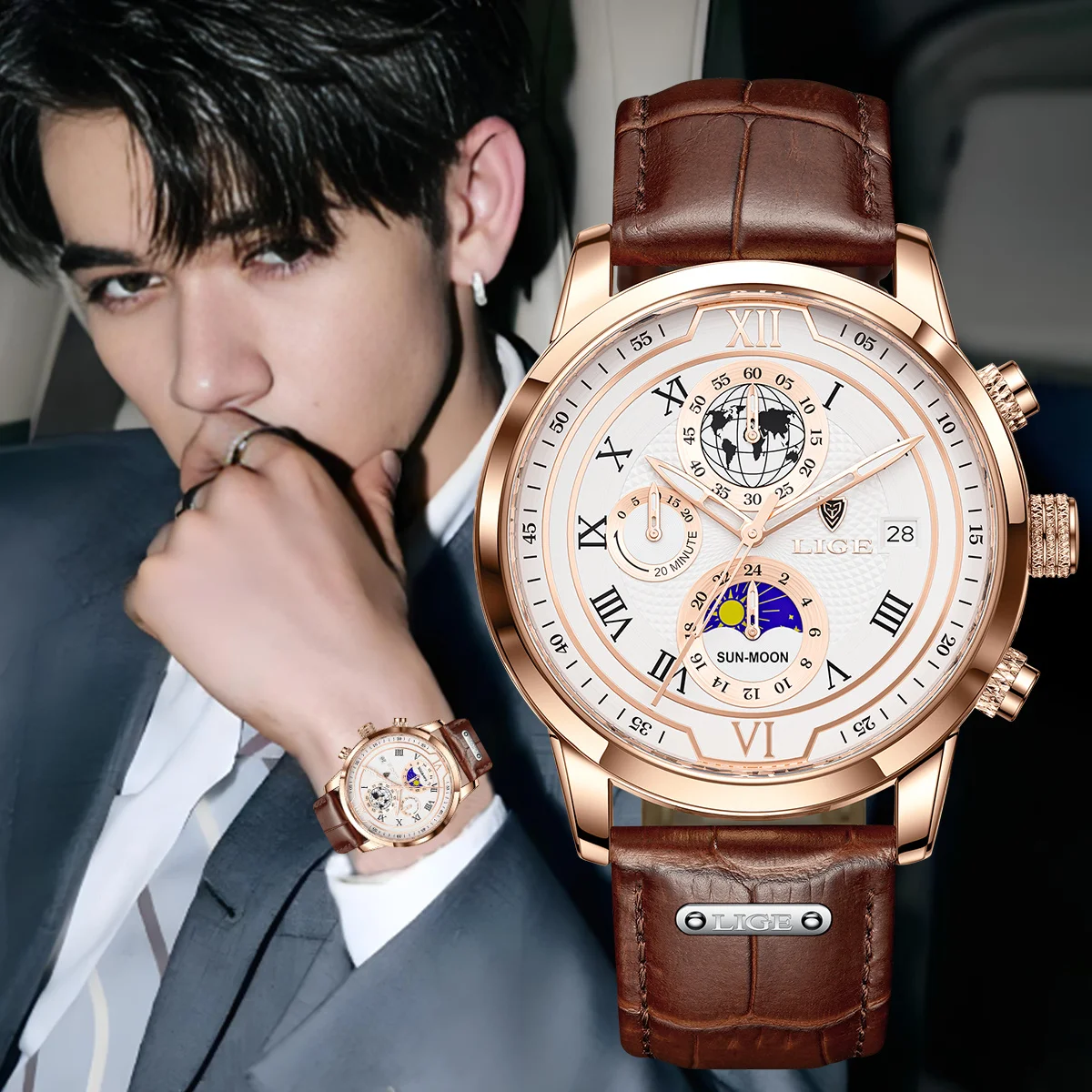 LIGE 오리지널 패션 남자 시계 빛나는 빅 다이얼 크로노 그래프 남자 시계 고급 가죽 방수 비즈니스 석영 손목 시계