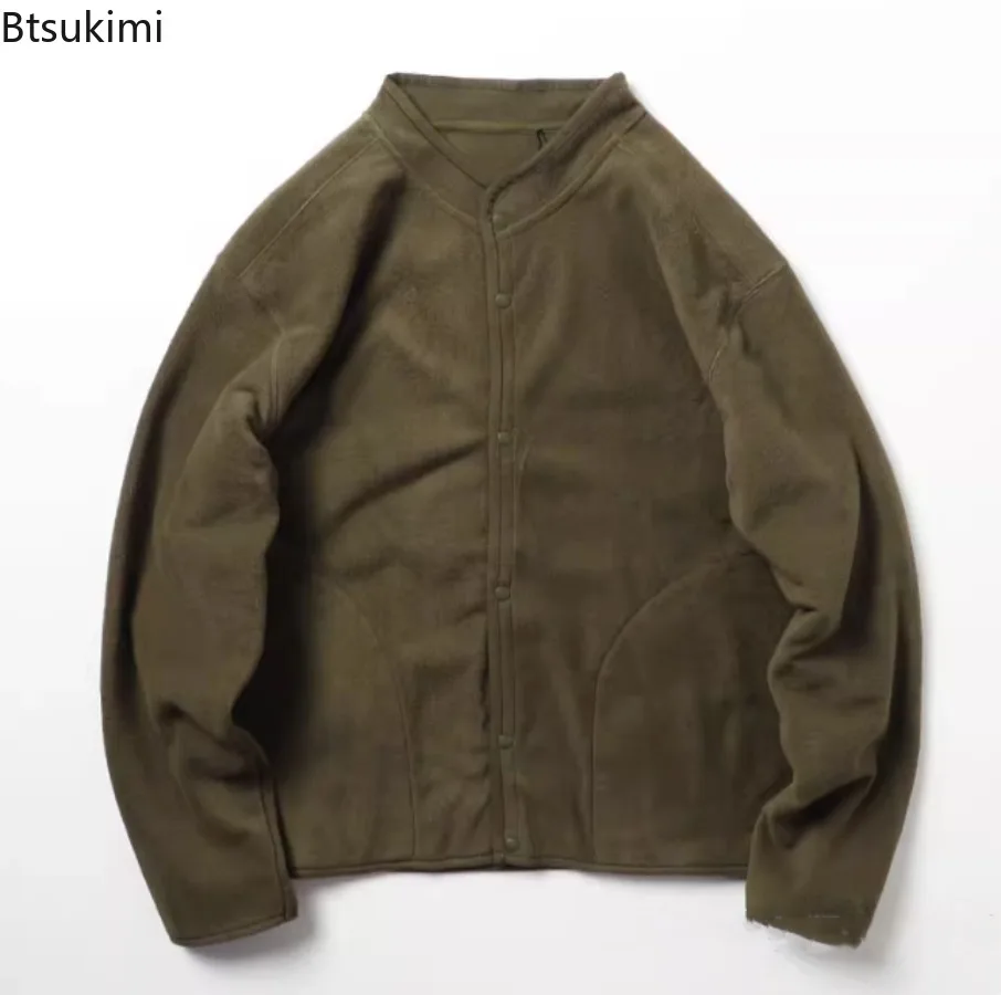 Autumn Winter Men's Double-sided Fleece Jacket Stand Collar Single Breasted Coatst Loose Fashionable Solid Cardigan Sweatshirt