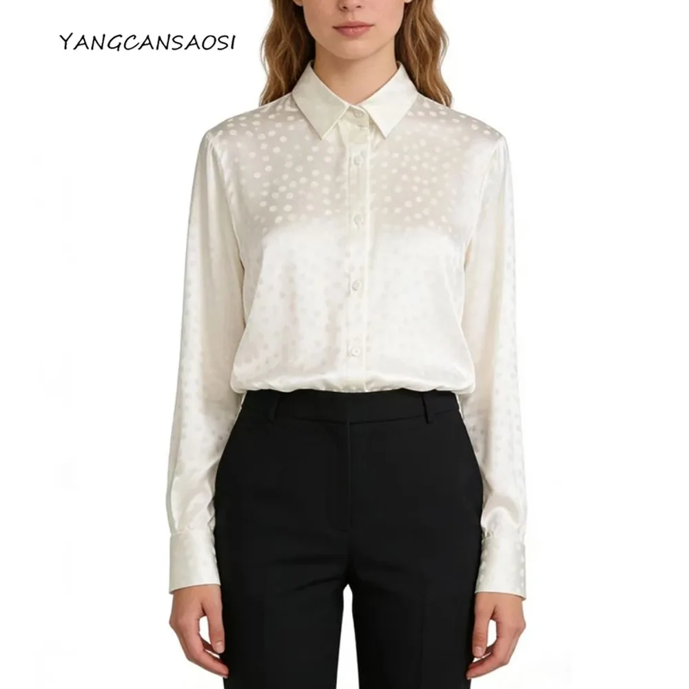 

Women's Fashion Commuter Top 92% Natural Mulberry Silk Elastic Jacquard Satin Dot Versatile White Long Sleeve Office Shirt