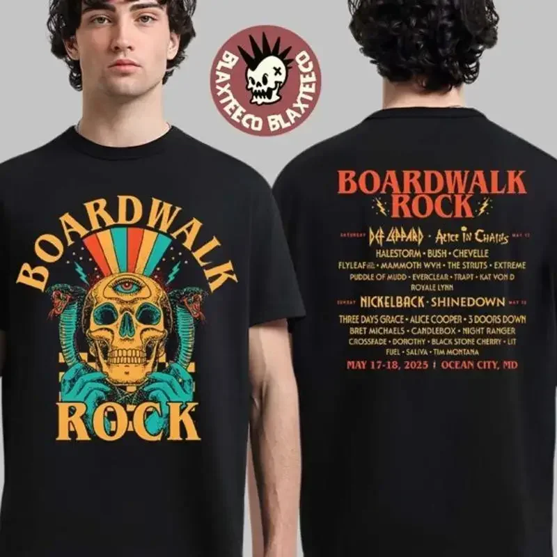 Boardwalk Rock 2025 Ocean City MD On May Skull Lineup 2 Sided T Shirt