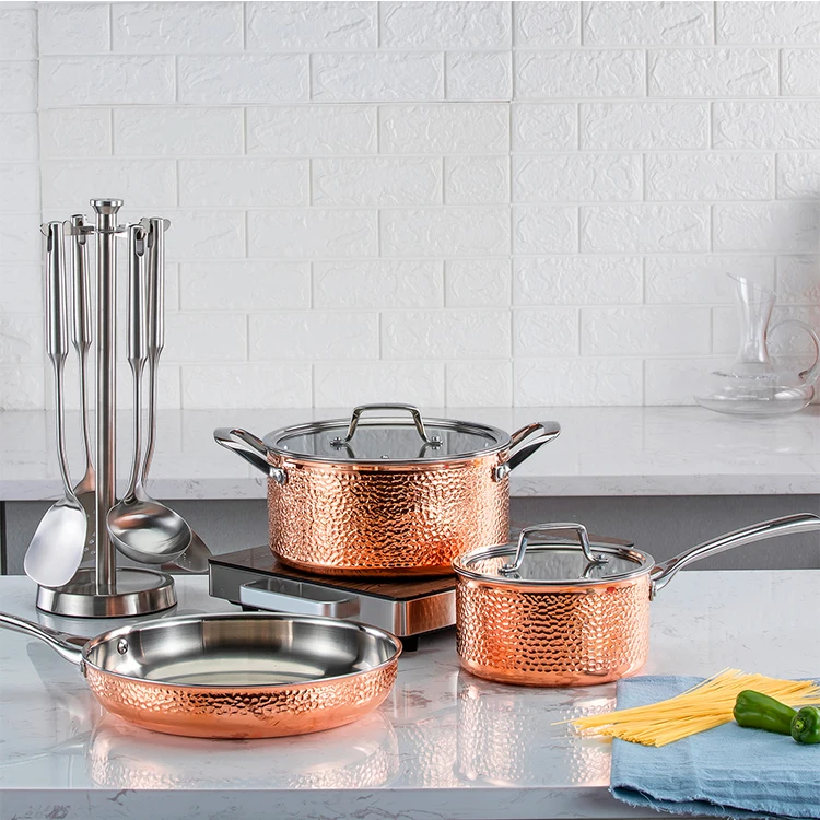 Copper Hammered Cookware Set, 5 Piece Triple Kitchenware Cooking Pot Includes Sauce Pan, Casserole, Frying Pan