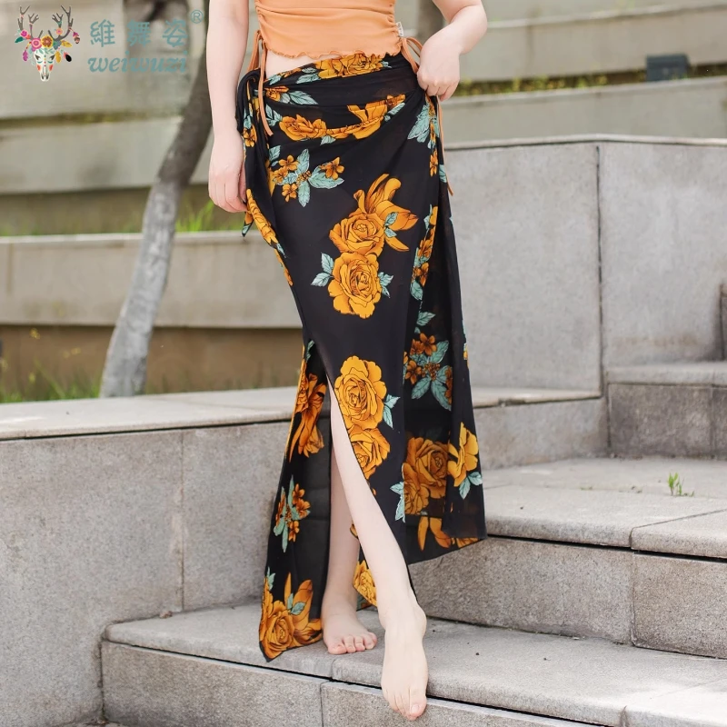 Adults Sexy Belly Dance Practice Costume Printing Lateral Tied Skirt Women Clothing Bellydancing Costume Performance Dress Stage