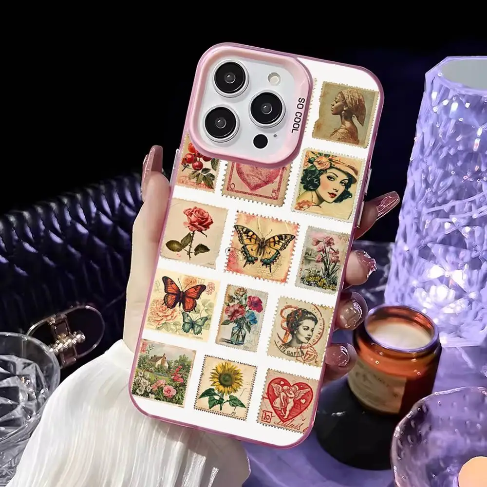 Vintage Stamp Collection Phone Case For iPhone 16,15,14,13,12,11,Mini,Pro,MAX Pink Matte Shockproof Cover