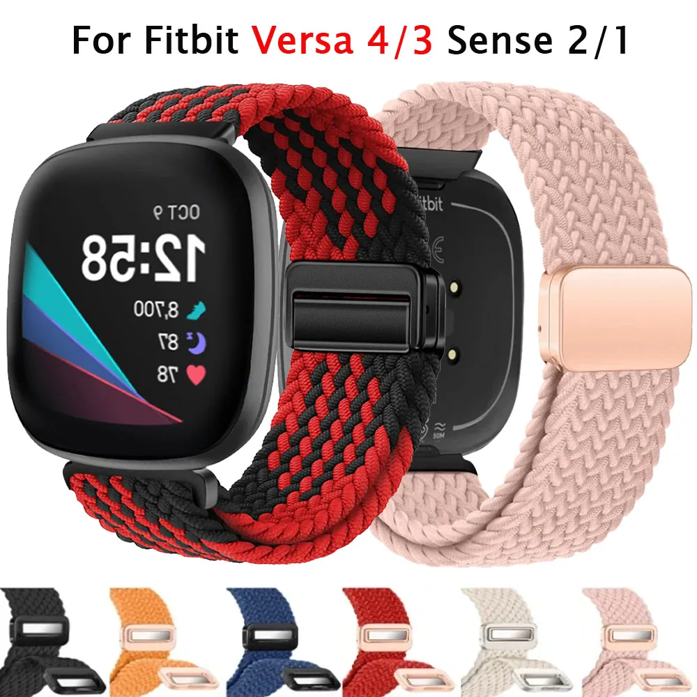 Nylonband für Fitbit Versa 4/3, geflochten, verstellbares Metall-Magnetknopf-Armband für Fitbit Sense 2, Armband-Zubehör-Band
