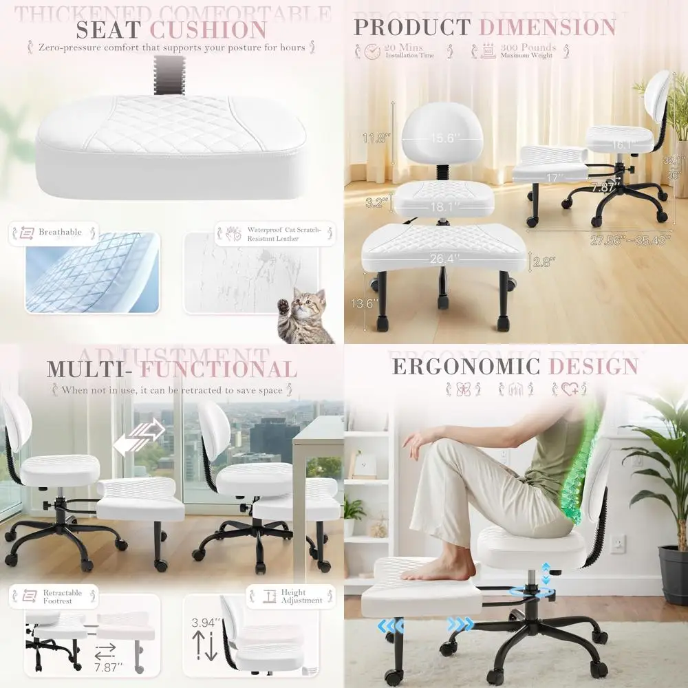 

Swivel Ergonomic Kneeling Chair with Adjustable Height and Footrest, White Leather for Office, Yoga, and Meditation