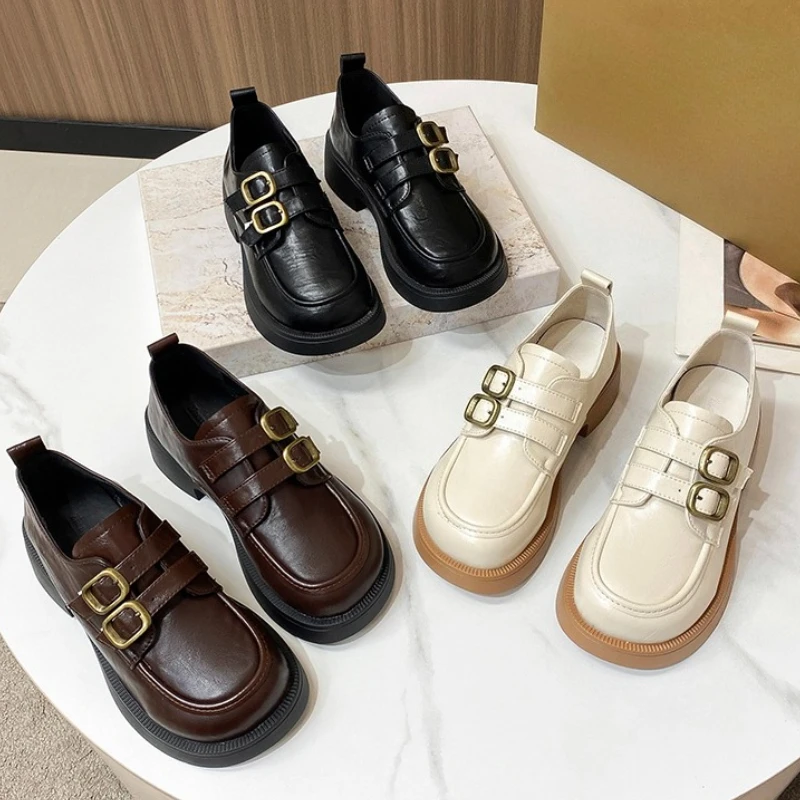 

Simple Lok Fu shoes with double buckle design round head style toe college style wear essential small leather shoes.