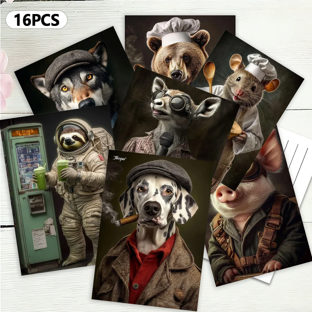 

16pcs Animal Gentleman Postcards, New Year Gift, Christmas Gift, Living Room Decoration, Bedroom Decoration, High Quality