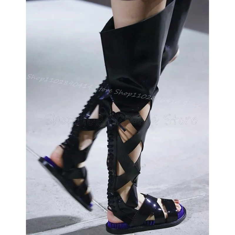 Black Hollow Design Cut Heel Open Toe Sandals Boots Lace Up Women Shoes Low Top Fashion Runway Banquet 2024 Zapatos Para Mujere