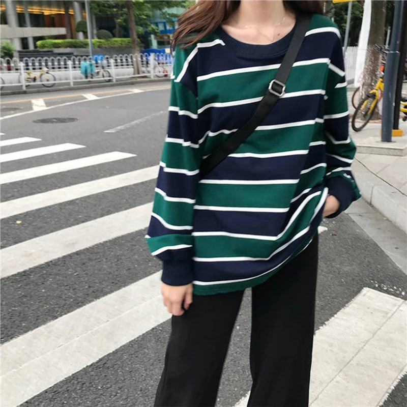 T-shirts Women Striped Korean Style Harajuku All-match Long Sleeve Round Neck Tops Casual Student Hip Hop Trendy New Design Bf