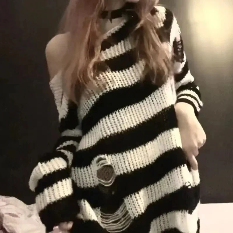 ZMZBCH Sexy Hollow Out Striped Long Sweaters Punk Gothic Cool Hole Broken Jumpers Over Size Loose Rock Dark  Pullovers Sweaters