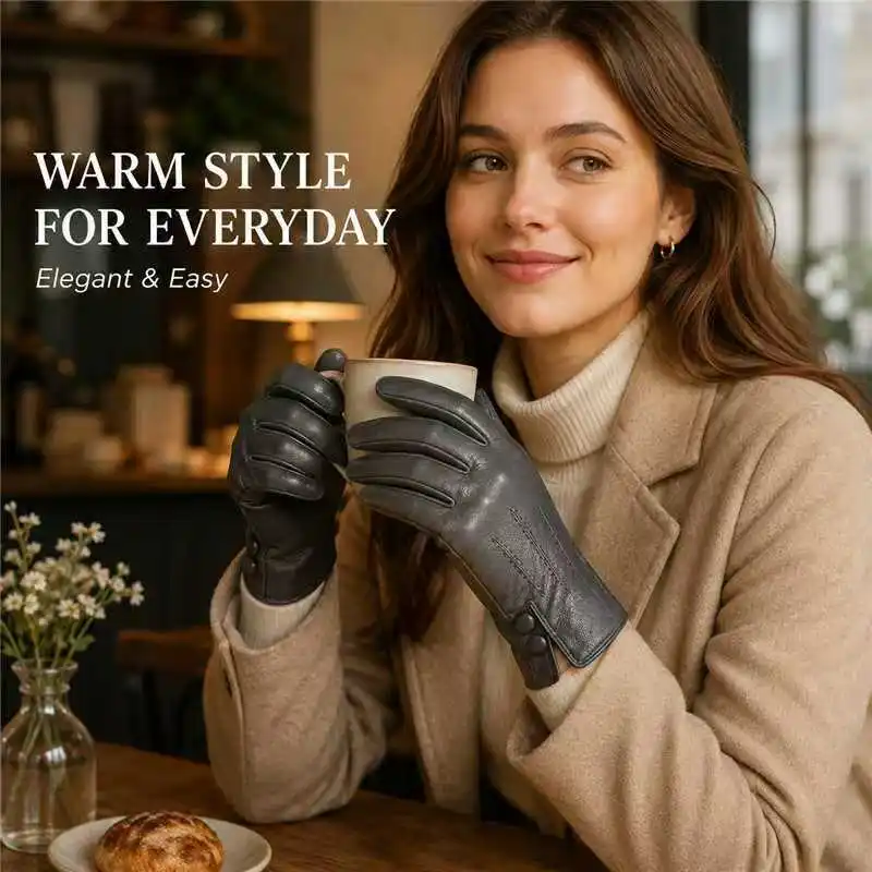 Womens PU Buckle Touch Screen Winter Gloves, Fashion Five Finger Warm Gloves For Coat Matching And Romantic Outdoor Date Outings