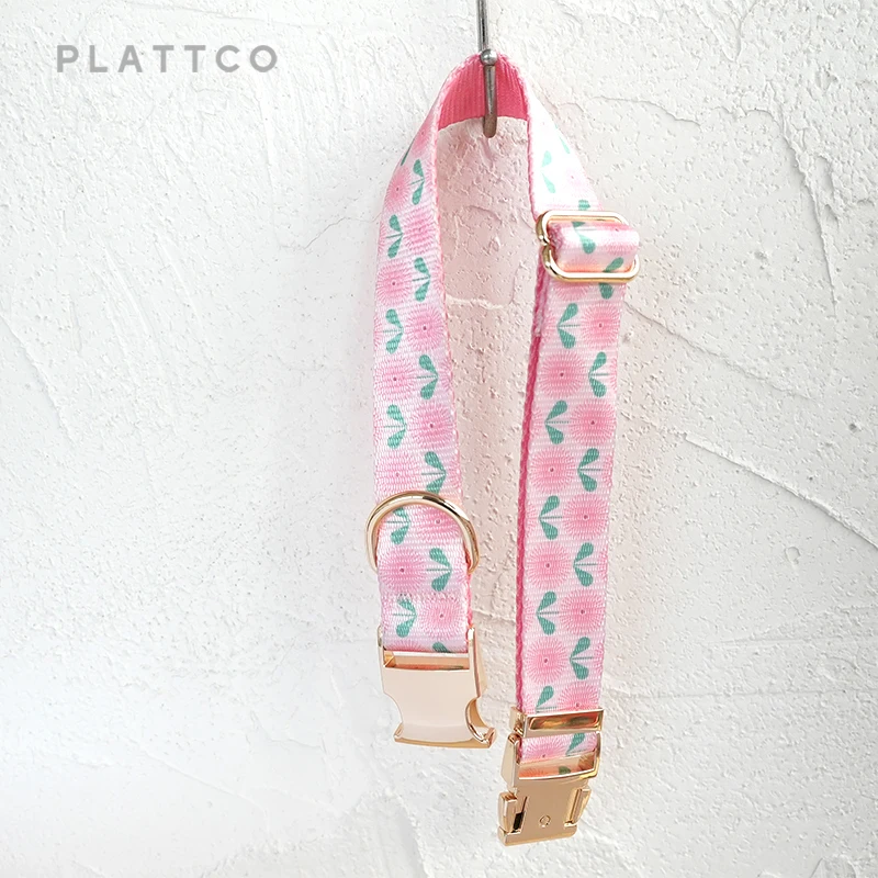 PLATTCO unique design dog collar print Pink Dandelion pattern with high quality light color zinc alloy buckle 5 size PDC356G