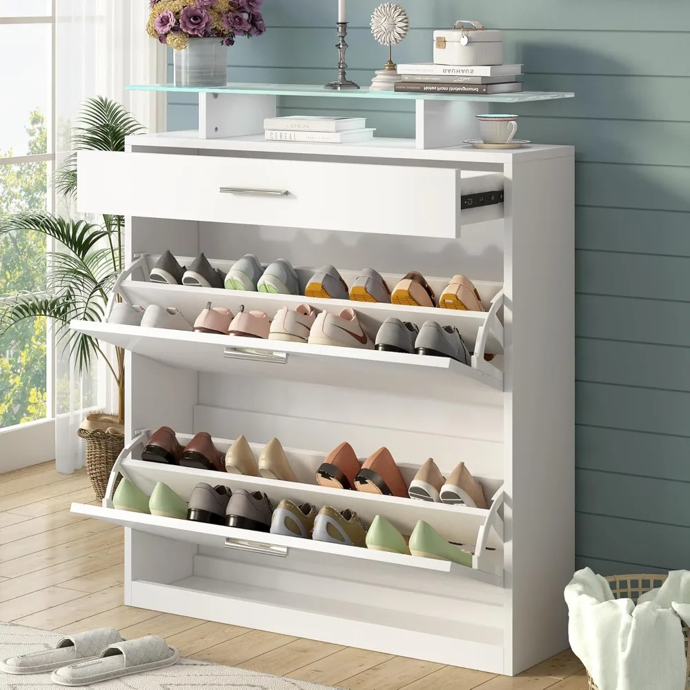 

Slim Entryway Shoe Cabinet with 2 Flip Drawers, Tempered Glass Top Organizer with Drawer, Free Standing Tipping Bucket Sho