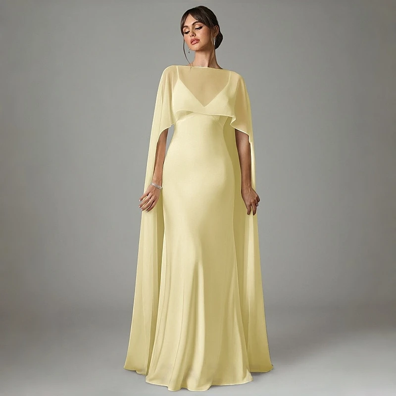 Yellow A-Line Stretch Satin Dress Women's Formal Evening Gowns With Chiffon Cape Elegant Bridesmaid Dresses Wedding Party Prom