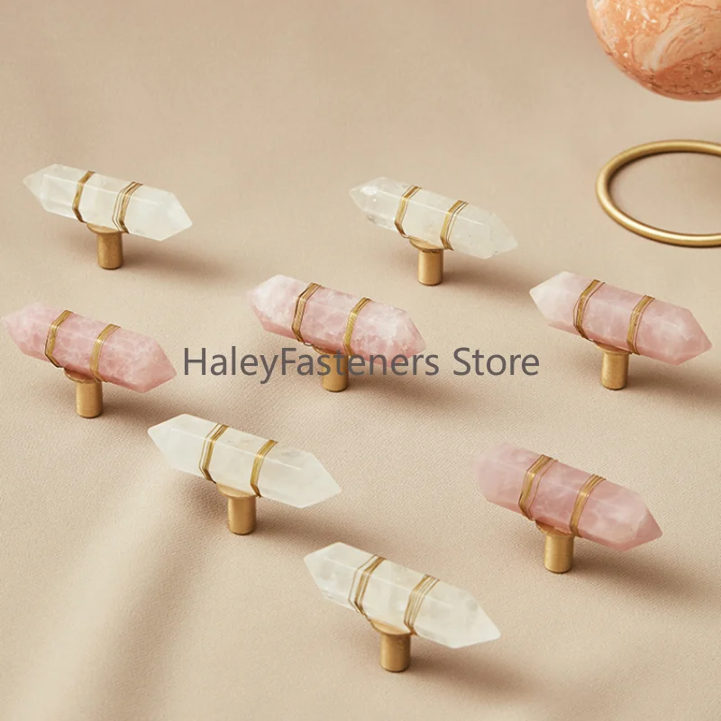 Natrual Pink Powder Crystal Handles with Brass Wire Binding Luxury Rose Quartz Amethyst Furniture Drawer Cabinet Handles Knobs