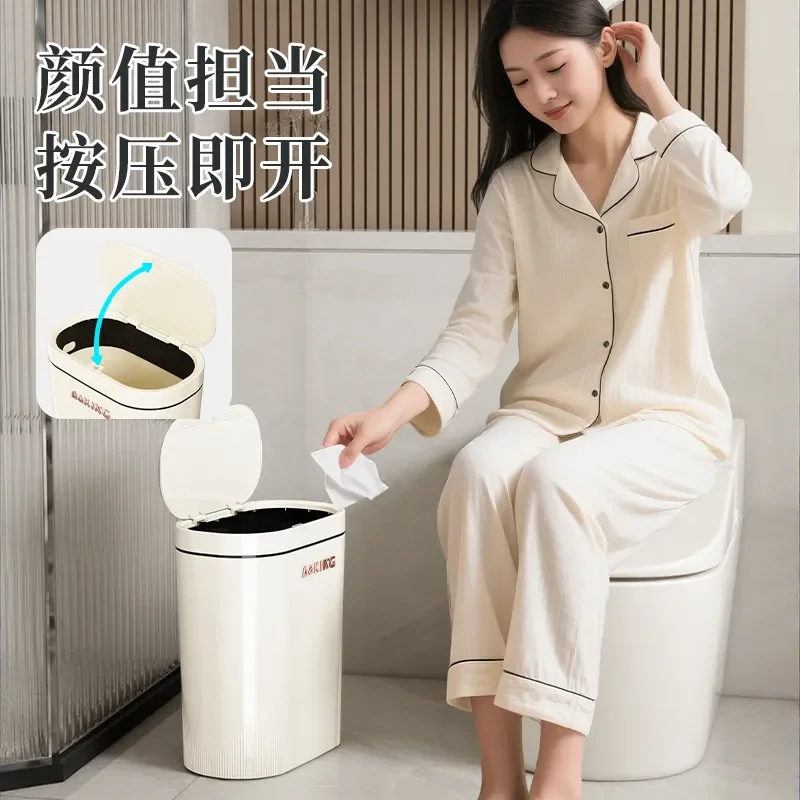 for 2026 New Movable Press Type Crack Trash Can for Bathroom Waste Paper Basket with Lid and Wheel Sanitary Bucket