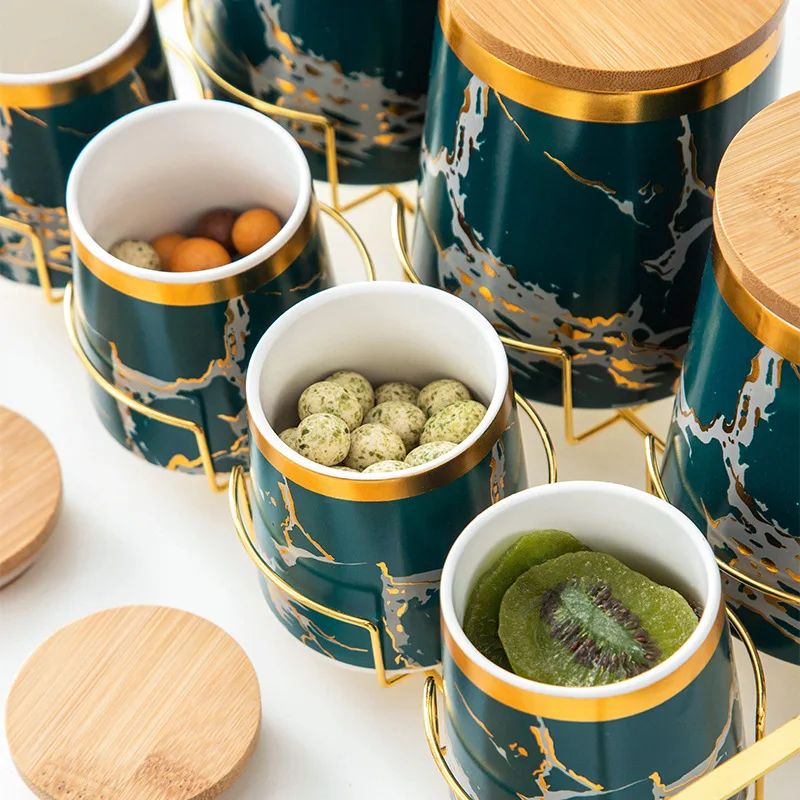 Combination set Ceramic seasoning tank Bamboo cover Storage tank Grain food sealed tank Kitchen storage box