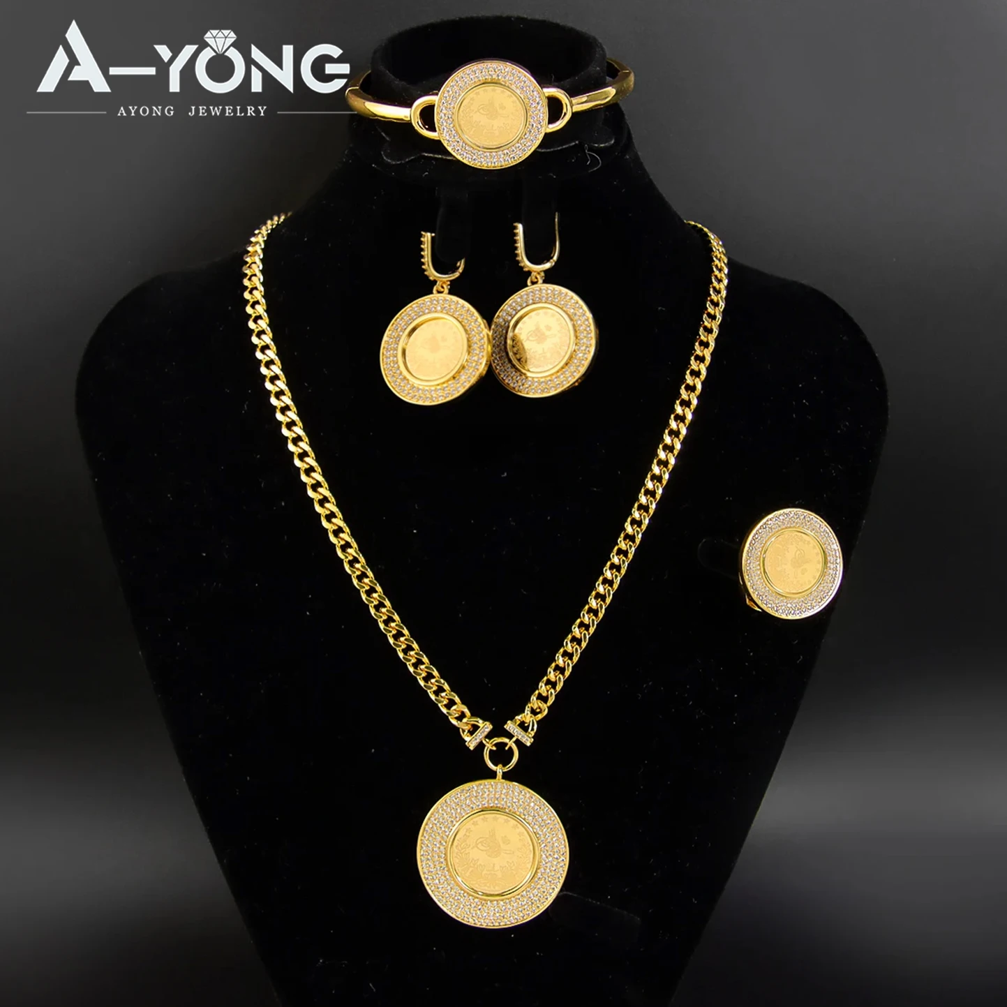 Luxury Saudi Coins Wedding Jewelry Set 24k Gold Plated Zircon Algeria Necklace Bracelet Earrings Ring Dubai Women Gold Jewelry