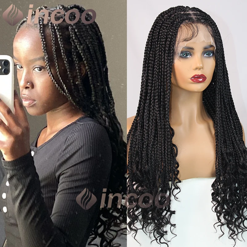 24 Inch Synthetic French Curl Braid Wig Full Lace Box Braids Goddess Wig with Wave Curly Ends Knotless Cornrow Plait Braided Wig