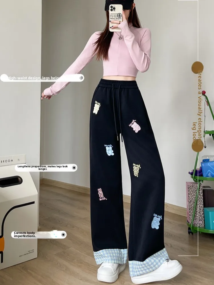 Cartoon Embroidered Wide Leg Pants Women's High Waist Dstring Straight Leg Casual Sports Sweatpants Asymmetrical Design Co...