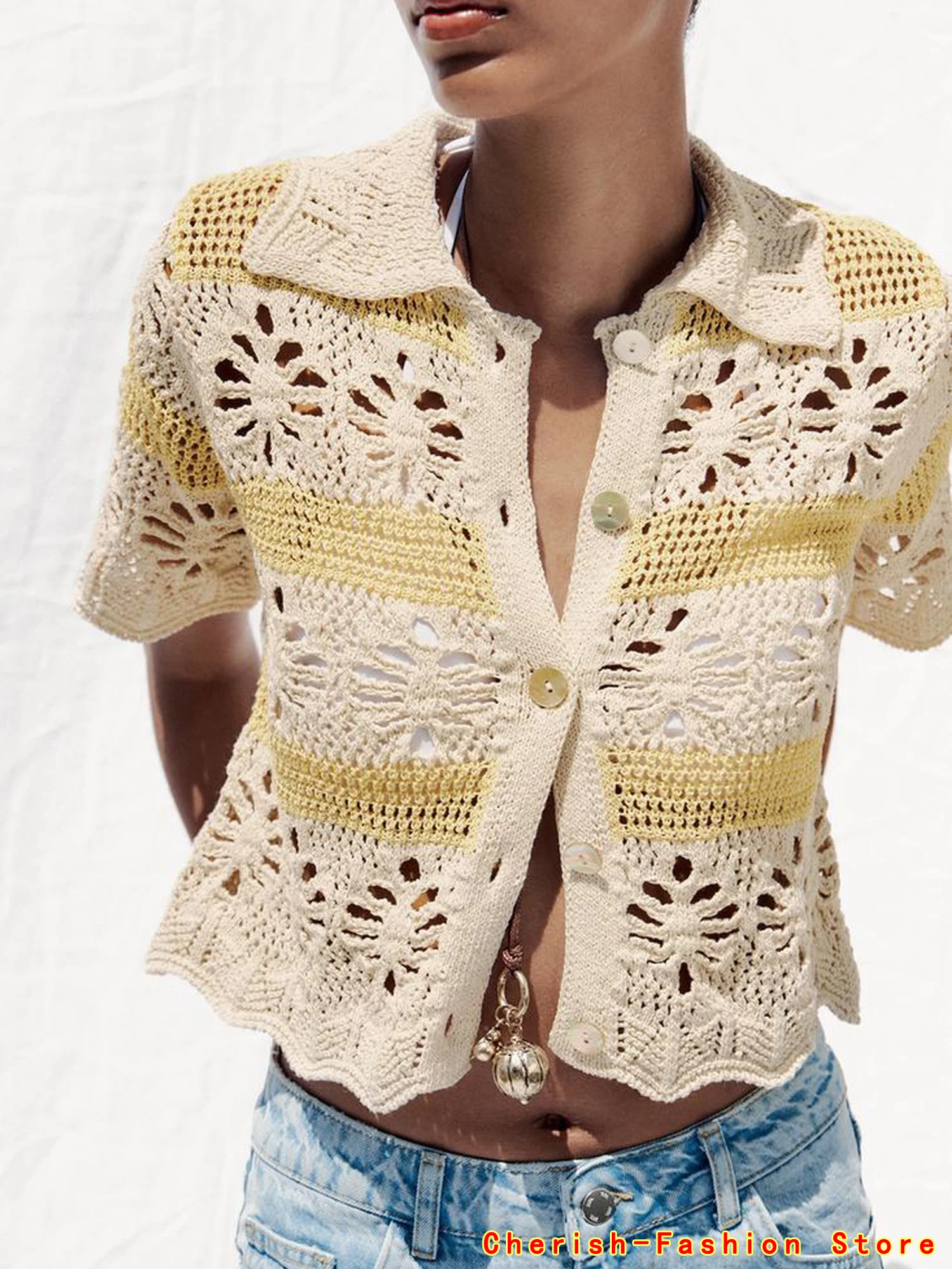 

Embroidery Hollow out Blouse Top Short Sleeve Cardigan Women Summer Boho Vacation Outfit knit cardigan contrast color lapel Hot