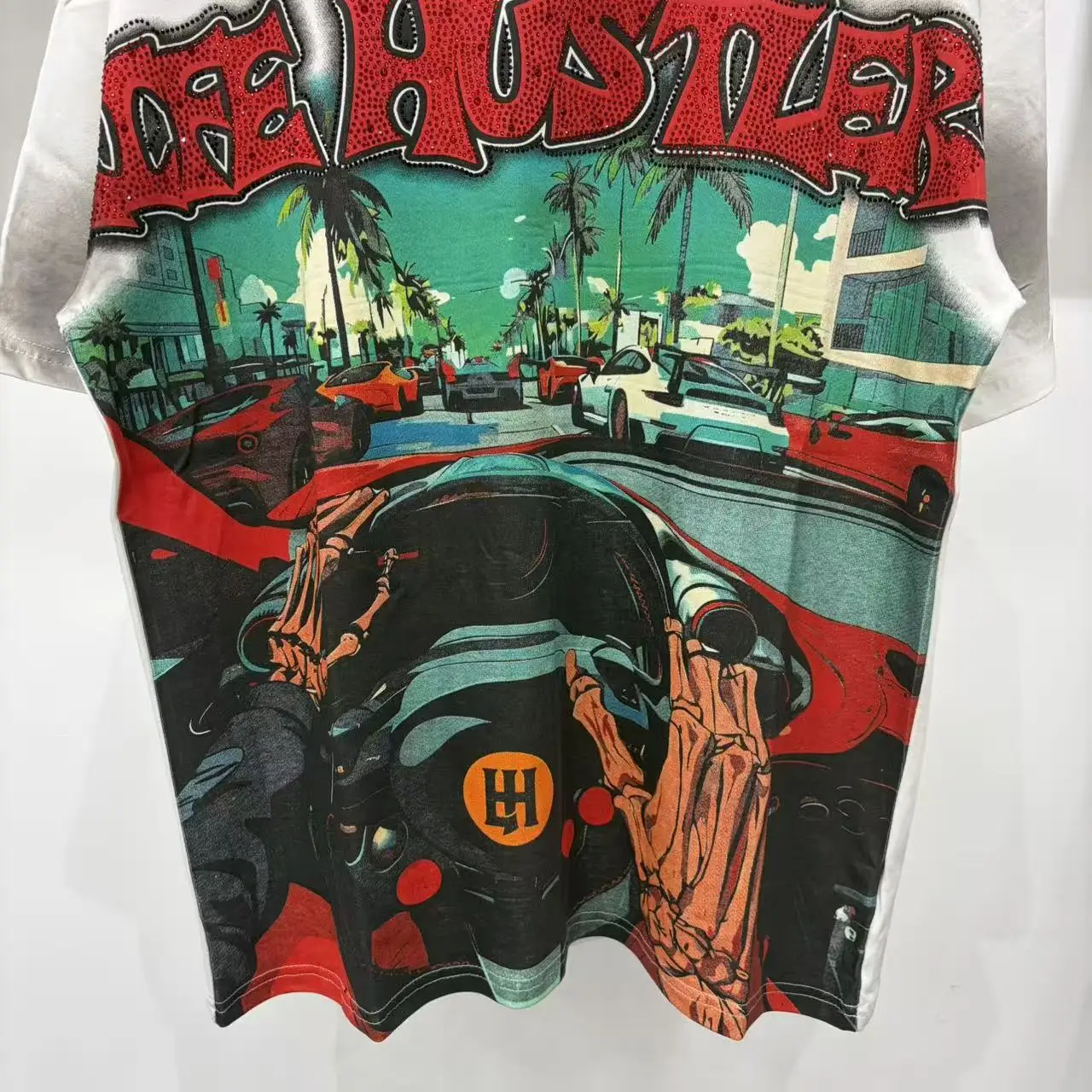 Hip Hop Sports Car Skeleton Funny Graphic T Shirt Gothic Letter Vintage Gradient Distressed Clothing Oversized T-shirts Tee Men