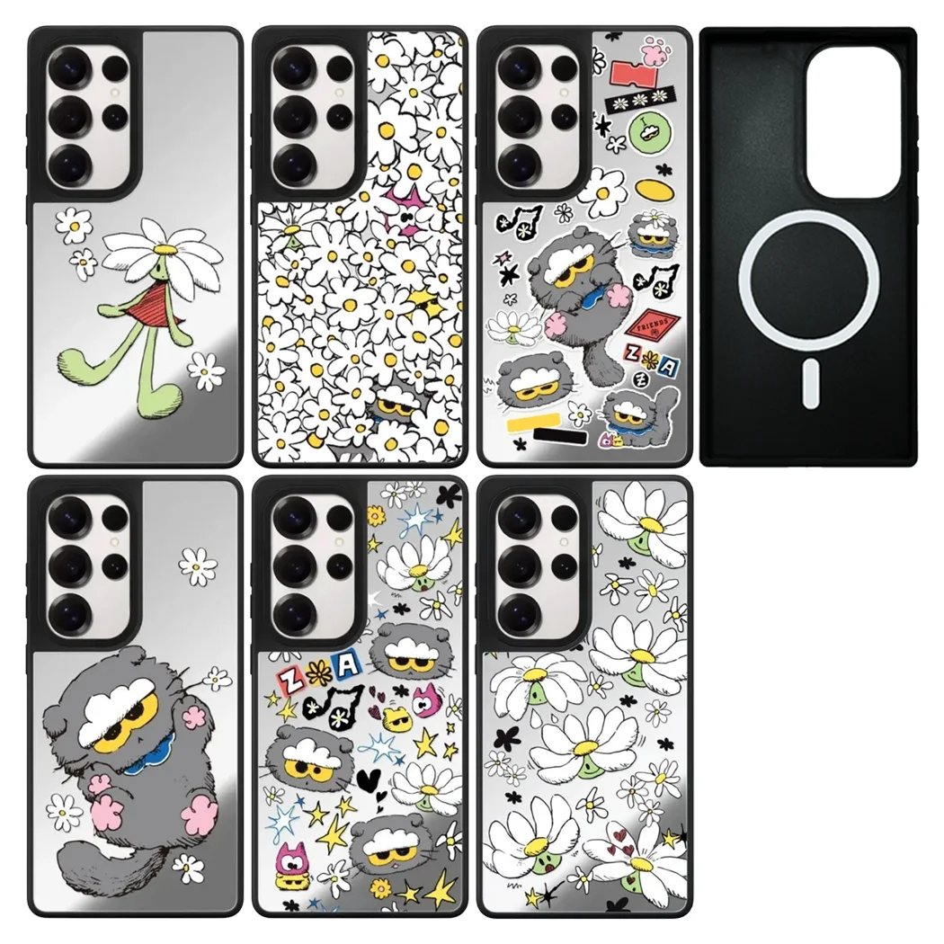 

Cartoon White Flower Gray Cat Pattern Mirror Surface Magnetic Phone Cover for Samsung Galaxy S23 S24 S25 Ultra S25+ Plus Case