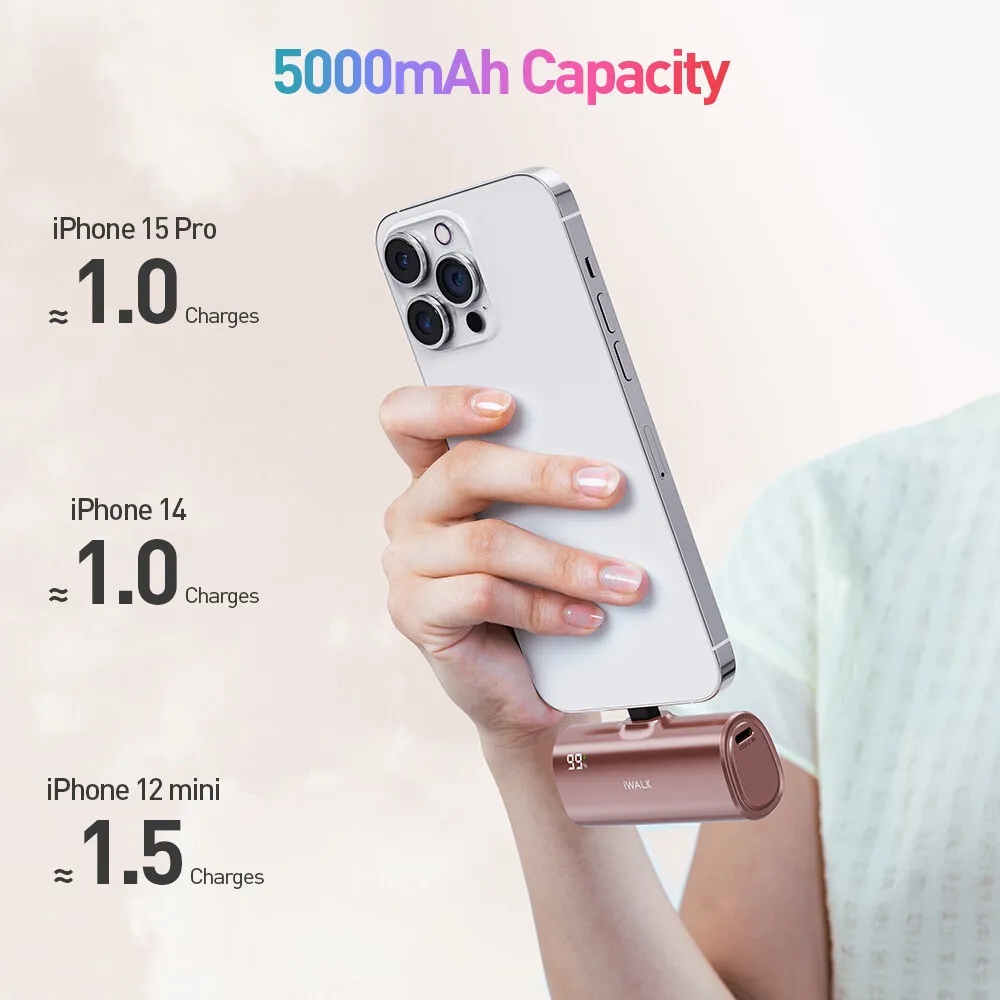 باور بانك صغير iWALK بقدرة 5000 مللي أمبير في الساعة - أحمر شفاه - مقاس، 2 في - 1 للبرق وUSB - C