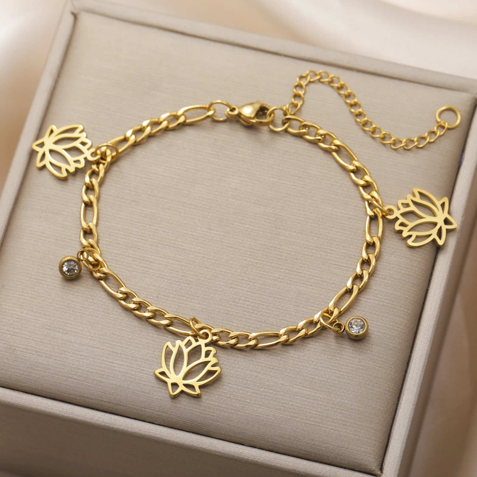 Lucktune Lotus Flower Charms Bracelets Stainless Steel Buddhism Gold Color Chain Bracelet for Women Fashion Boho Jewelry Gift