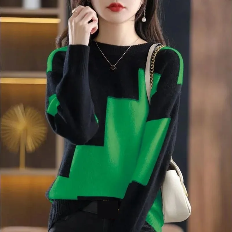 Fashion O-Neck Spliced Knitted Color Sweater Women Clothing 2023 Autumn New Loose Casual Pullovers All-match Korean Female Tops