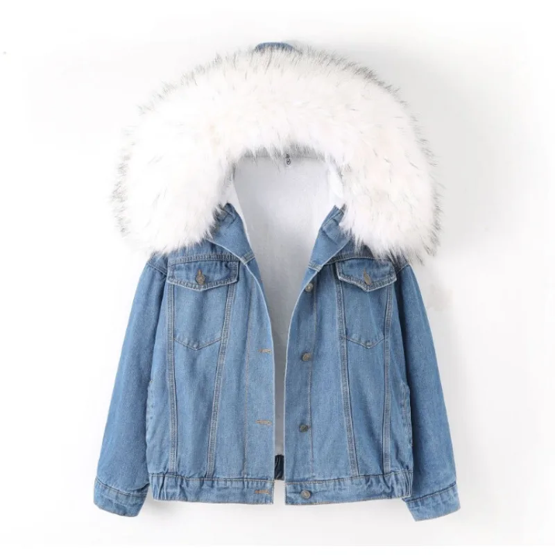 Women's Clothing Autumn Winter Denim Jacket Warm New Coats Fleece Lining Thickened Large Fur Collar Korean Lambswool Outerwear
