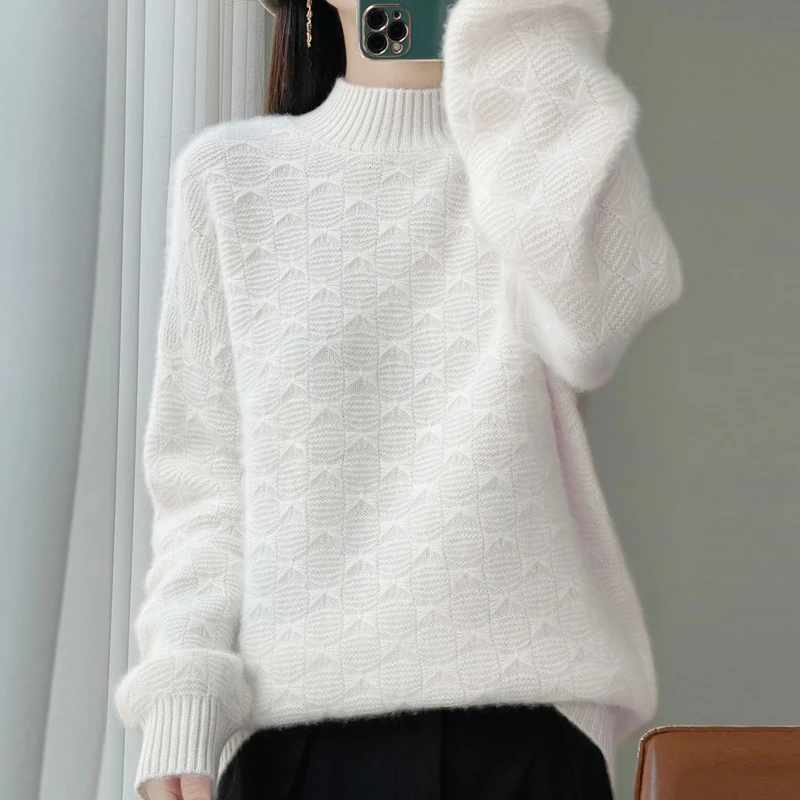 

Модный осенне-зимний женский свитер-пуловер из 100% шерсти с воротником-стойкой, базовая одежда с узором в виде банта и вязаными элементами