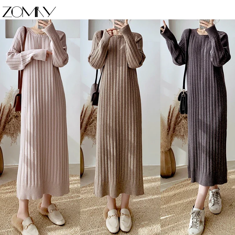 ZOMRY Autumn Fashion New Long Simple Loose Knitted Dress Korean Women\'s O-Neck Elegant Casual Straight Sweater Warm Vest Dresses