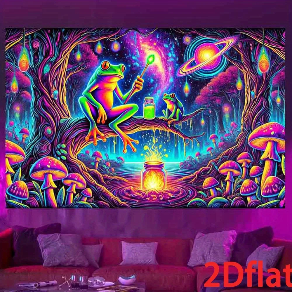 VIKAMA Fantasy Forest Frog Wandteppich, bunter Zauberbaum, Pilz, geheimnisvoller Planet, Zimmer, Wohnzimmer, Dekoration
