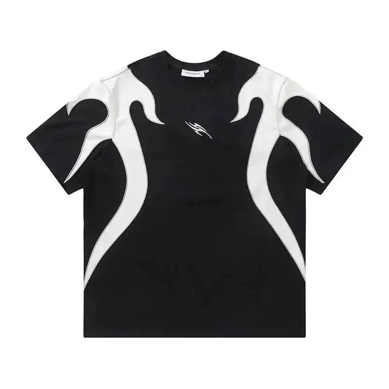 Patchwork Embroidery Flame Short Sleeved T-shirt Men New Trendy High Street Design Loose Male Tees Round Collar 9W039B