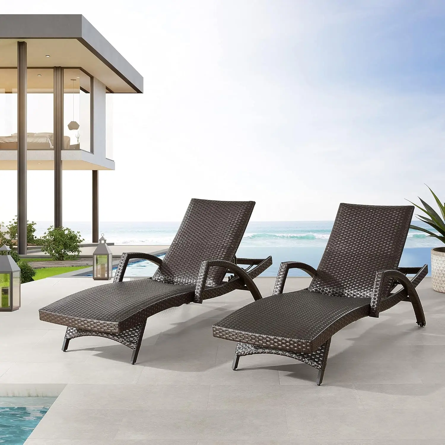 

Aluminum Outdoor Chaise Lounges with Quick Dry Foam Padded, Adjustable Wicker Patio Reclining Lounge Chairs with Wheels and Armr