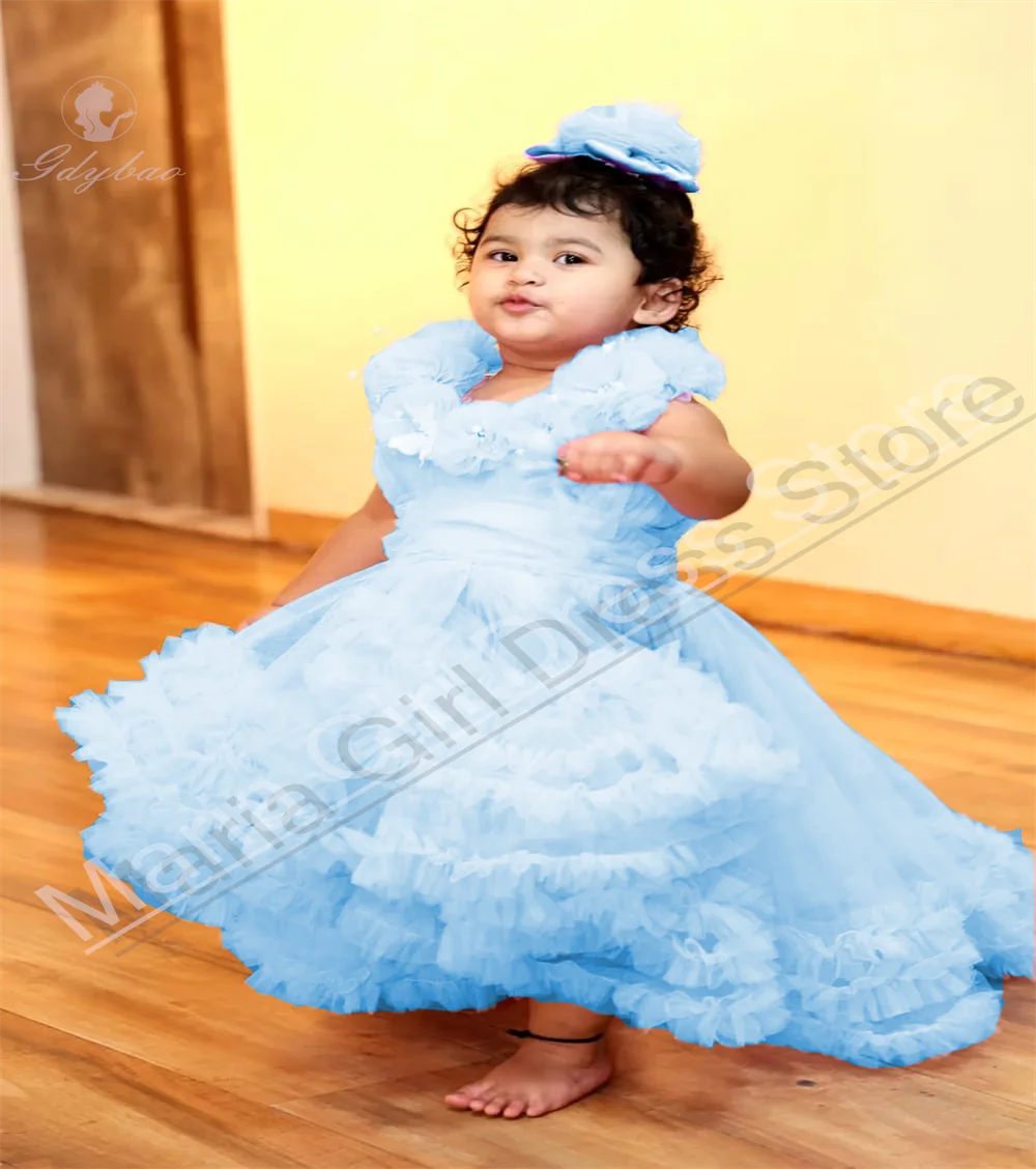 

Light Blue Cute Children's Baptism Birthday Dress Asymmetrical Length Beauty Pageant Wedding First Communion Bridesmaid Dress