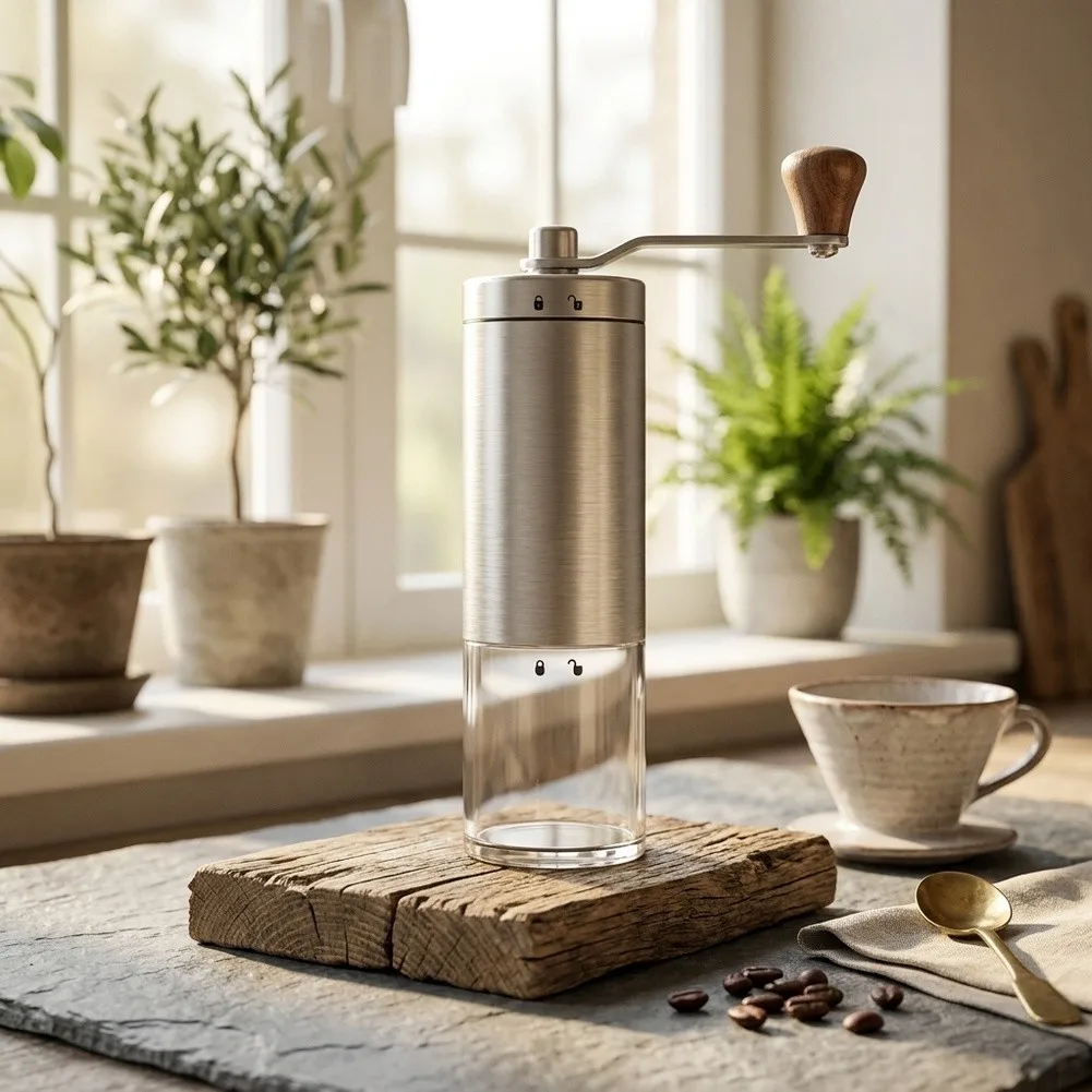 Robust Stainless Steel Hand-Crank Coffee Grinder Engineered for Long-Term Use for in Home Outdoor and Mobile Environments
