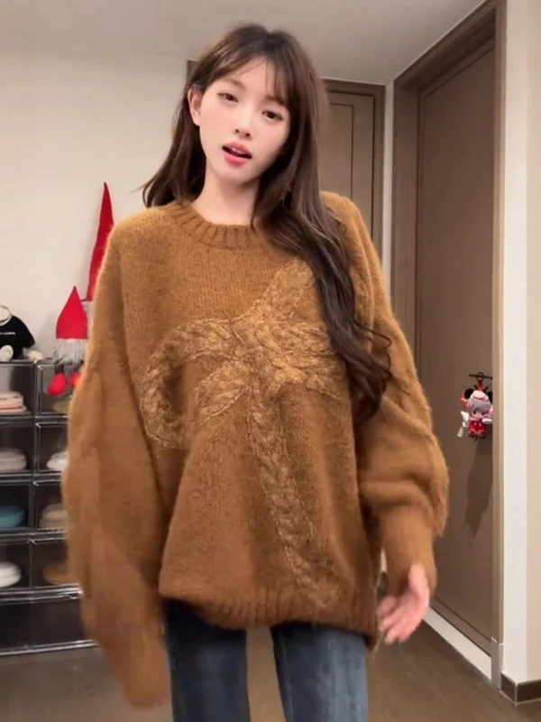 Pull tricoté Long pour femme, coupe ample, avec nœud 3D, décontracté, confortable, amincissant, couleur Caramel, automne et hiver