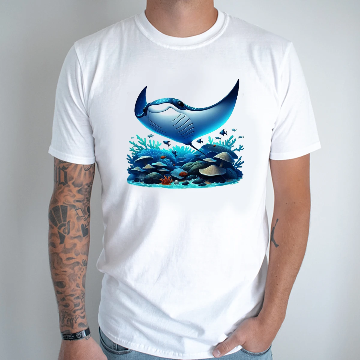 New Men Tshirt Watercolor Manta Ray,Sea Life Whale Shark Graphic Print And Tshirt Summer Beach Diving Trip White Casual T-Shirt