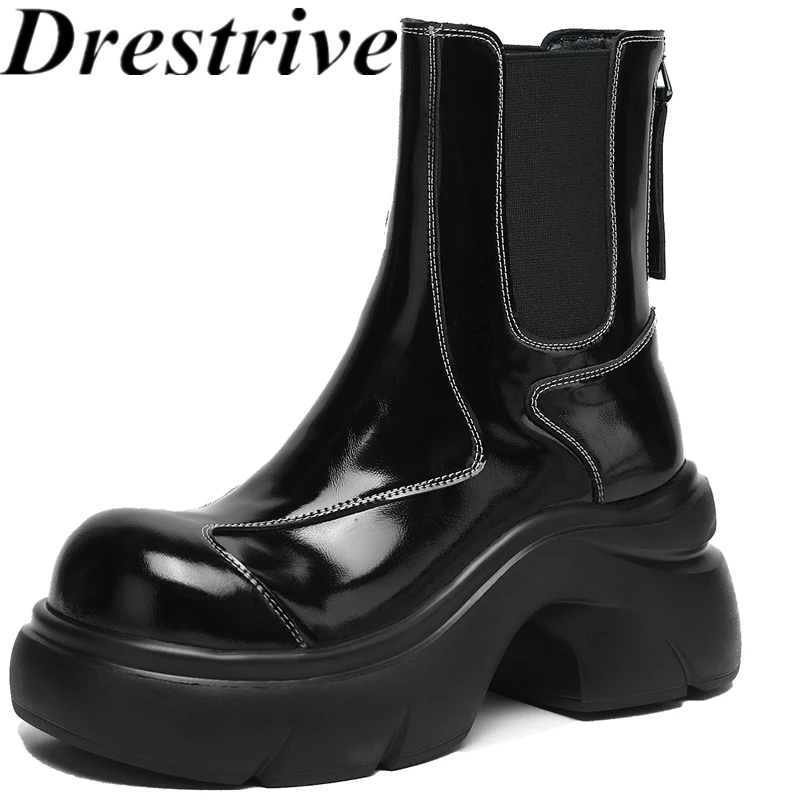 Drestrive Fashion Handmade 2025 New Women's Ankle Boots Round Toe Laminated Split Leather Thick High Heels Sewing Zip Winter