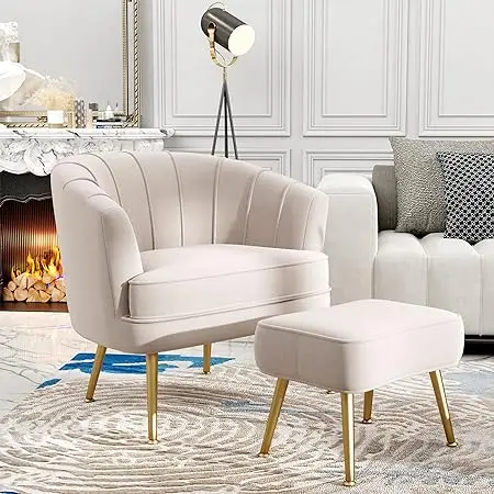 Velvet Accent Chair with Ottoman, Upholstered Modern Single Sofa,Comfy Barrel Club Living Room Armchair with Golden Metal Legs