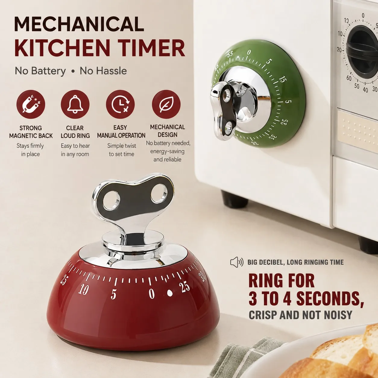 Retro Mechanical Kitchen Timer Magnetic 60 Minute Countdown No Battery Loud Bell Alarm Vintage Time Reminder for Cooking Baking