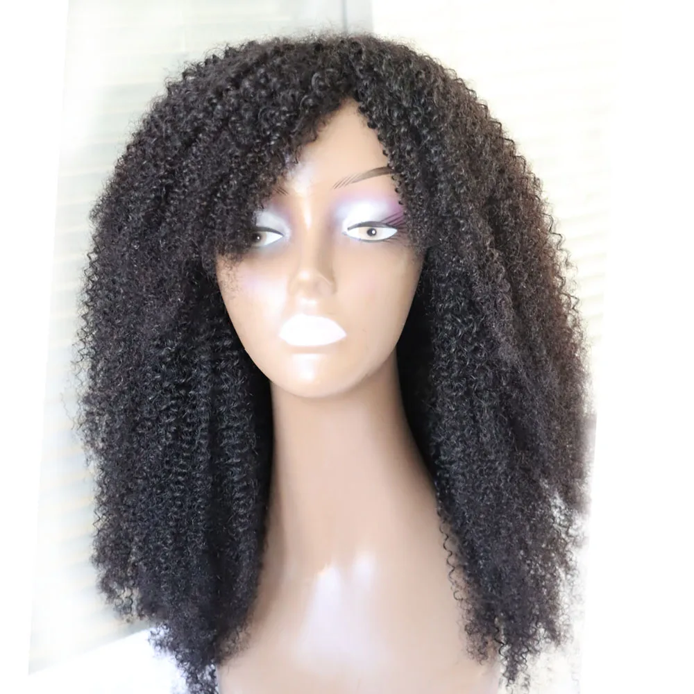 Aliexpress Afro Kinky Curly Virgin Brazilian Human Hair Machine Made Sew Wig with Bang  Curls Human Hair Wig for Black Women