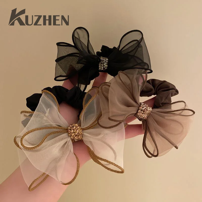 

Korean Style Mesh Rhinestone Bow Elastic Hair Rope Scrunchies Ponytail Holder Hair Tie For Women Fashion Simple Hair Accessories