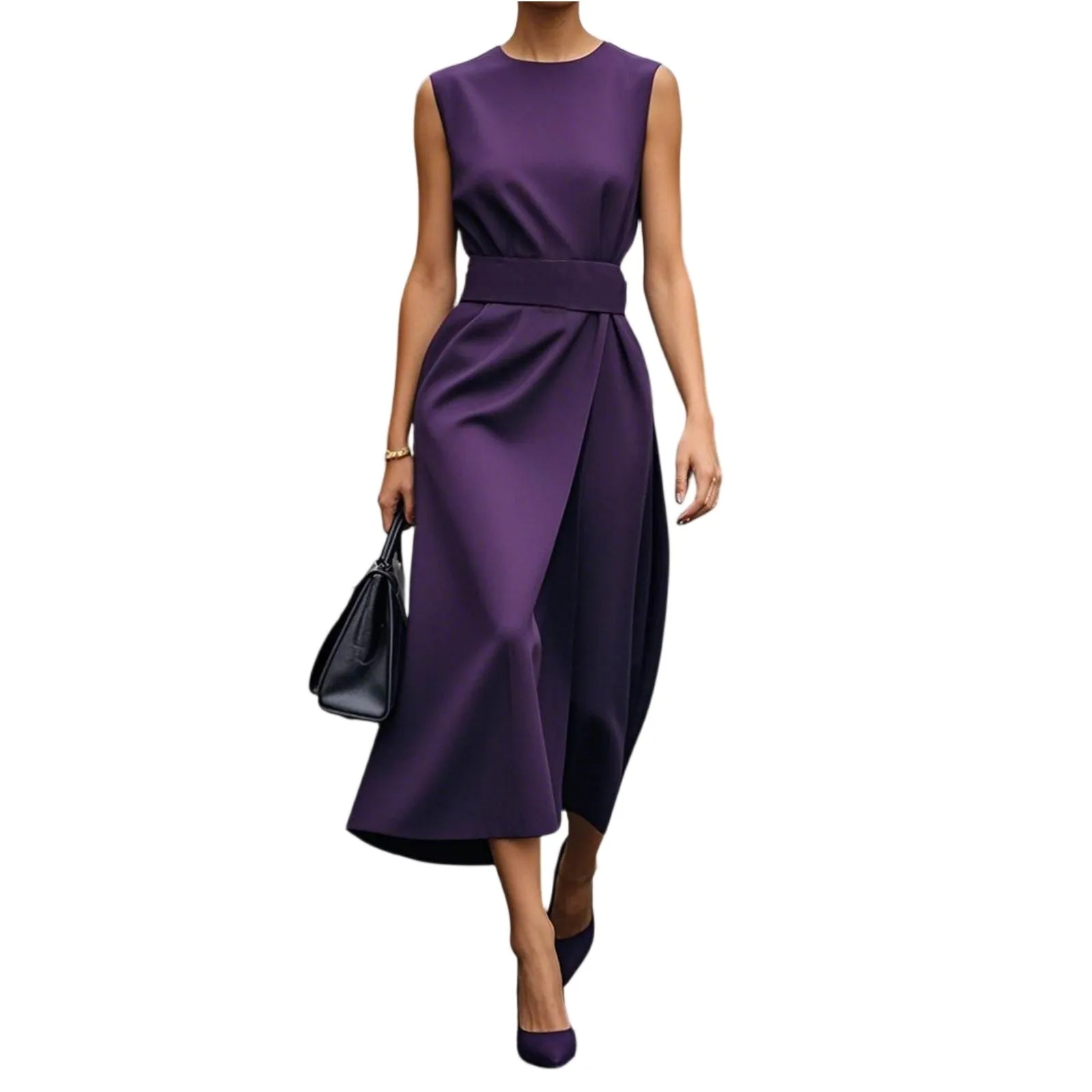 فستان نسائي كاجوال بلون سادة وسحاب بدون أكمام ورقبة دائرية مع حزام فساتين أنيقة للنساء فيستدو فيمينينو #3