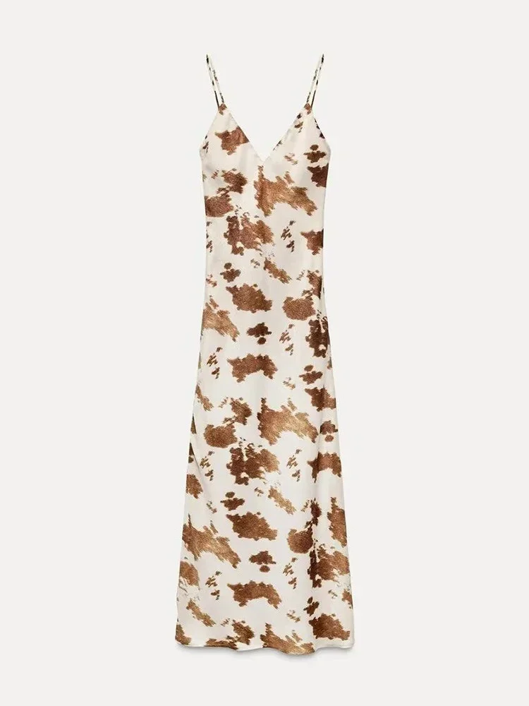 Women's Satin Texture V-Neck Mistletoe Dress Fashion Sexy Spot Printed Long Halter Dress Temperament Elegant Womenswear