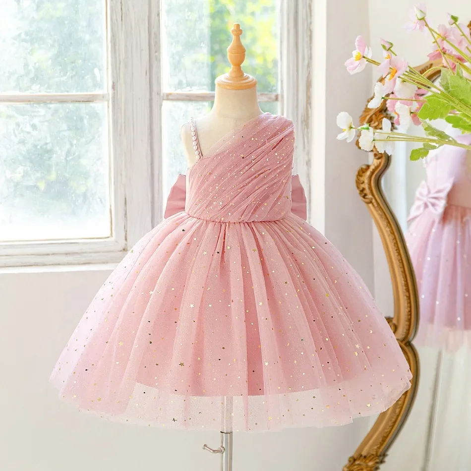Mädchen Perlenbesetztes One-Shoulder-Partykleid Formelles Tüll-Hochzeits-Prinzessinnen-Ballkleid für Mädchen Geburtstag Abend Kinderkleidung ASQ03