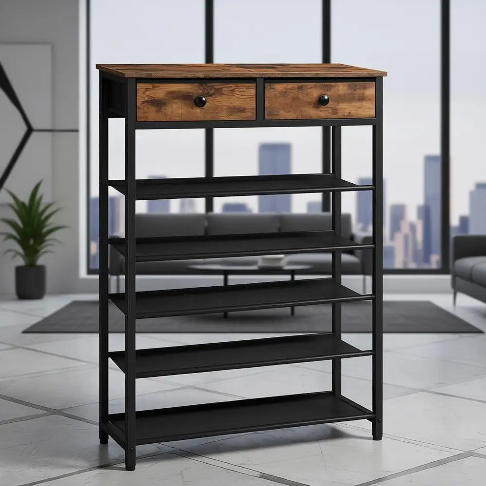 

6-уровневый органайзер для хранения обуви с 2 ящиками, вмещает 15-20 пар, коричневая полка для обуви в деревенском стиле для прихожей и шкафа