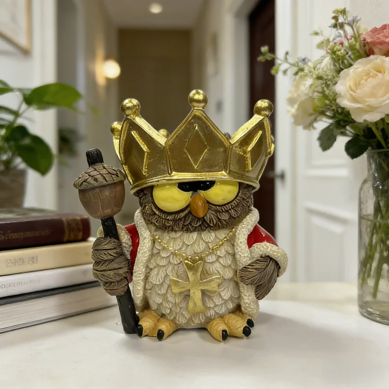King Owl Resin Statue, Crown & Scepter Owl Figurine, Retro Style Home Decor